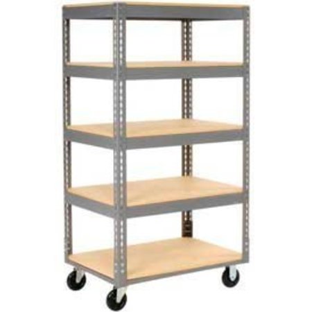 GLOBAL EQUIPMENT Easy Adjust Boltless 5 Shelf Truck 36x24, Wood Shelves, Polyurethane Casters 585419